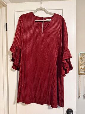 Women's Houndstooth Red Ruffle Sleeve V-Neck Top